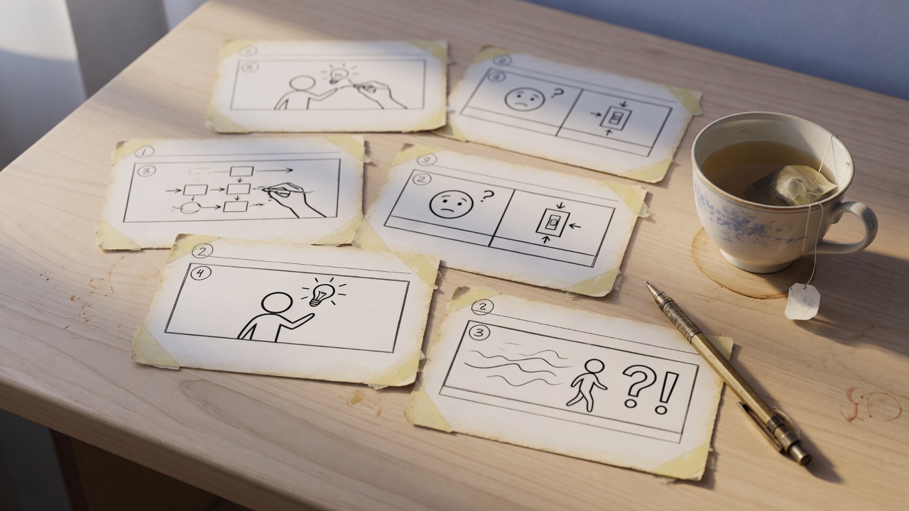 Hand-drawn storyboard cards on a desk, standing in for a pending Explainer case.